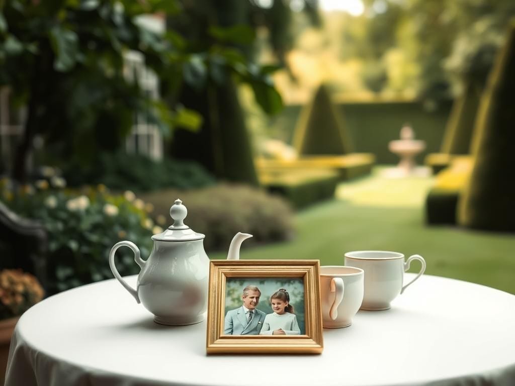 Flick International Serene garden setting at Clarence House with a tea table symbolizing Prince Harry and King Charles' relationship