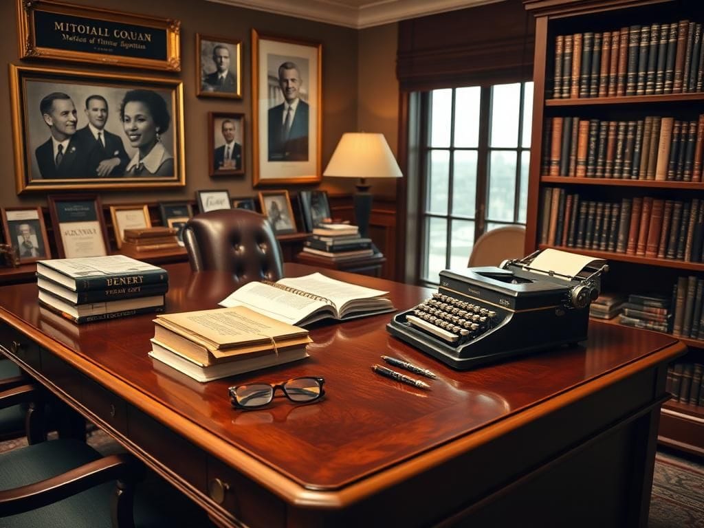 Flick International Elegant wooden desk with historical books and vintage typewriter symbolizing Washington D.C. power.