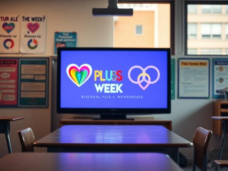 Flick International Classroom displaying colorful graphics for Bisexual Plus Awareness Week