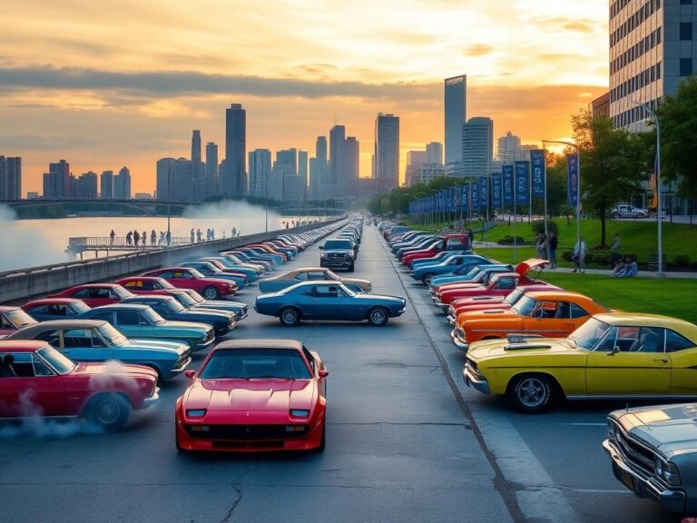 Flick International A vibrant scene of classic and vintage cars gathered on a scenic boulevard in Detroit, showcasing the city's car culture.