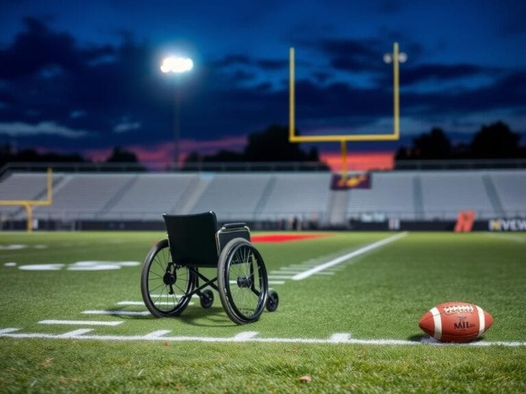 Flick International High school football field with a wheelchair at the sidelines symbolizing resilience