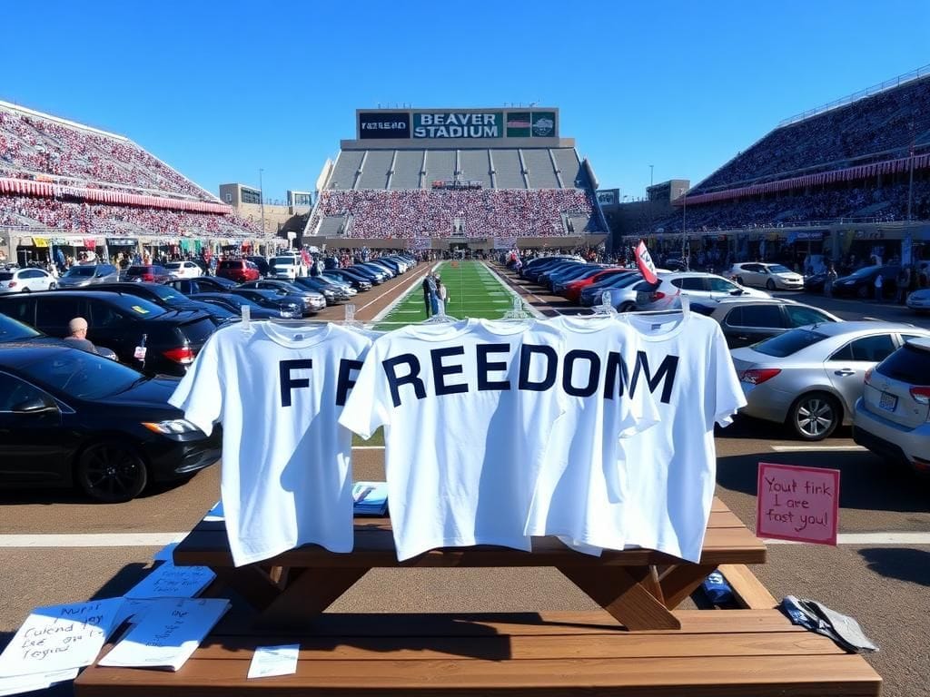 Flick International Vibrant scene of a packed parking lot at Beaver Stadium with 'FREEDOM' t-shirts displayed on a picnic table