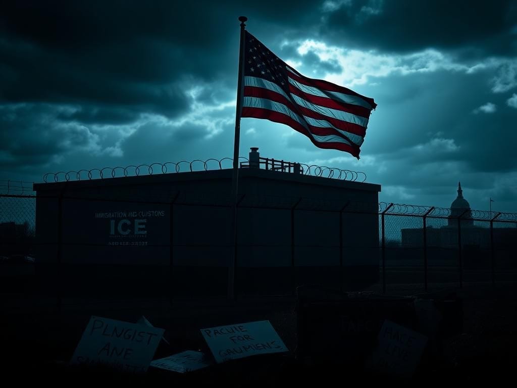 Flick International Fortified ICE facility under a stormy sky with a weathered American flag in the foreground