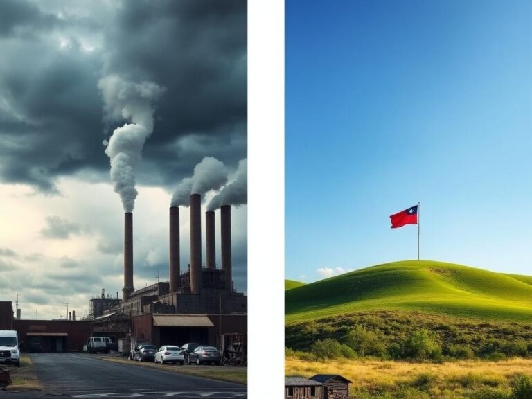 Flick International A split image depicting the contrasting political divide within the Democratic Party, with a stormy factory scene on the left and a sunny landscape with a vibrant flag on the right.