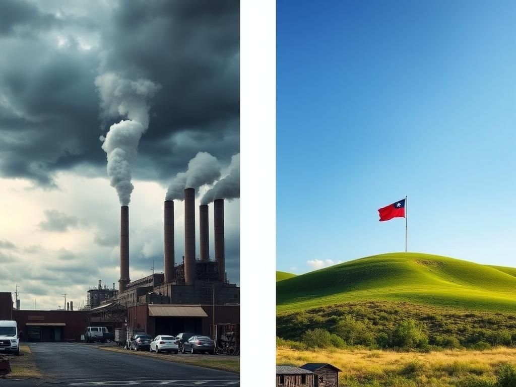 Flick International A split image depicting the contrasting political divide within the Democratic Party, with a stormy factory scene on the left and a sunny landscape with a vibrant flag on the right.