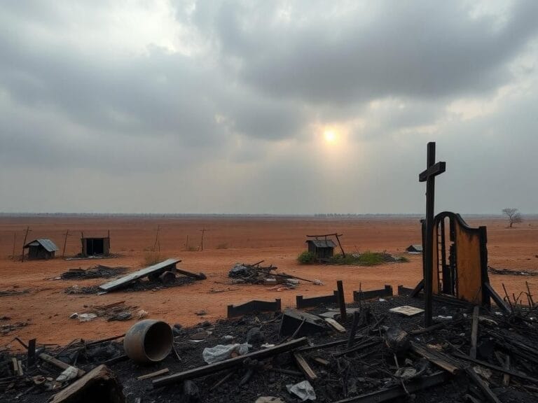 Flick International Aftermath of violence against Christian communities in Nigeria with charred remains of a burned church