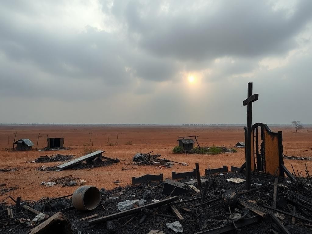 Flick International Aftermath of violence against Christian communities in Nigeria with charred remains of a burned church