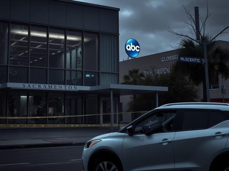 Flick International Dark scene of ABC television station building in Sacramento with shattered glass and bullet holes