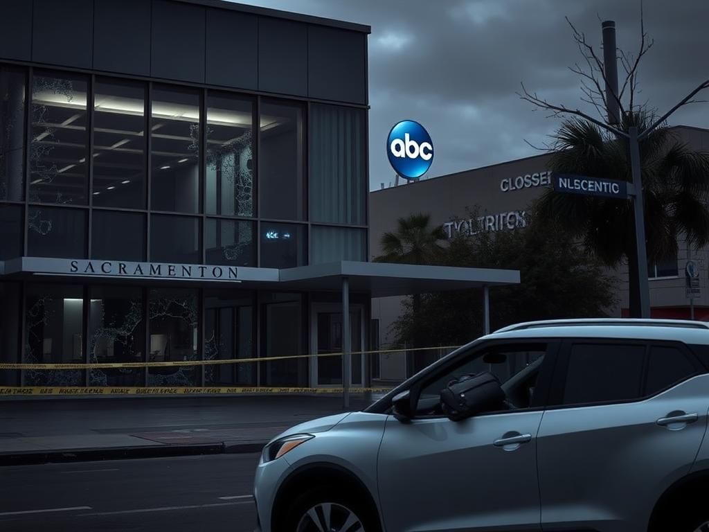 Flick International Dark scene of ABC television station building in Sacramento with shattered glass and bullet holes