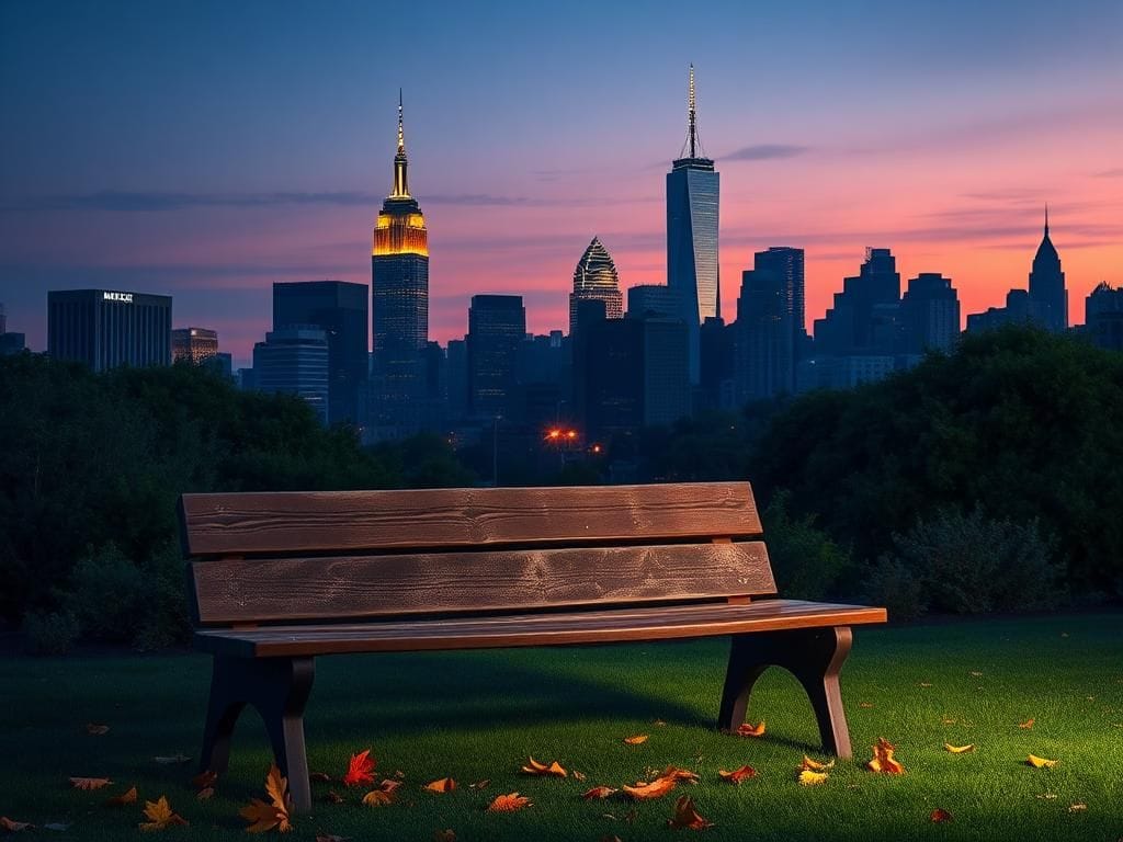 Flick International A serene park bench overlooking the illuminated Manhattan skyline at dusk, symbolizing reflection and generational change in political leadership.