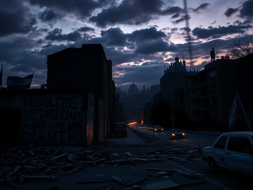 Flick International A dark urban landscape depicting remnants of political turmoil and unrest