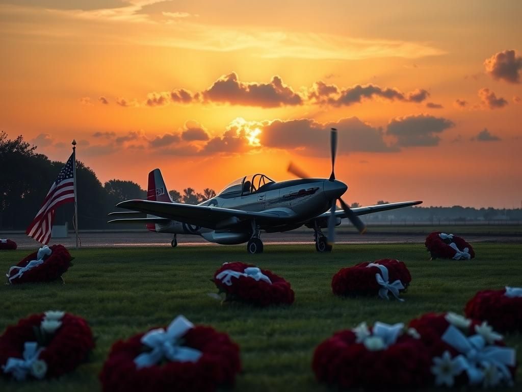 Flick International A vintage P-51 Mustang fighter plane in a memorial scene honoring Lt. Col. George Hardy, a Tuskegee Airman.