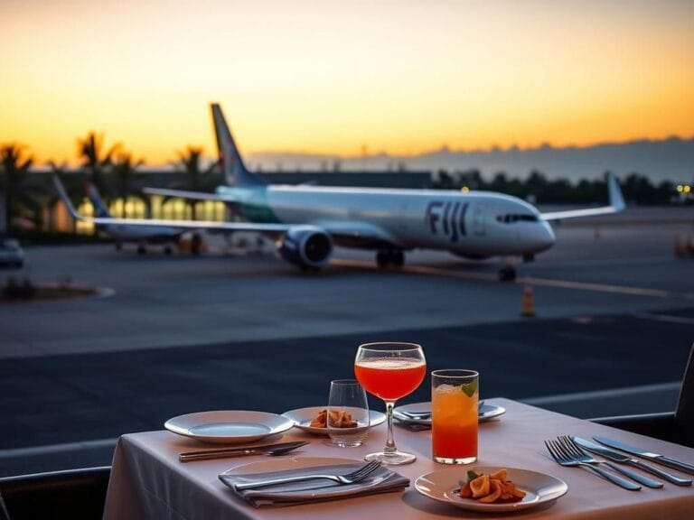 Flick International Modern airplane from Fiji Airways parked at a serene airport at sunset