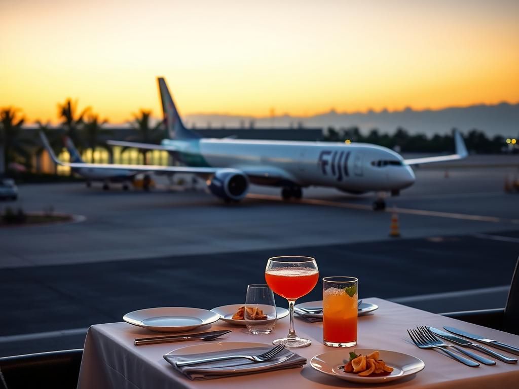 Flick International Modern airplane from Fiji Airways parked at a serene airport at sunset