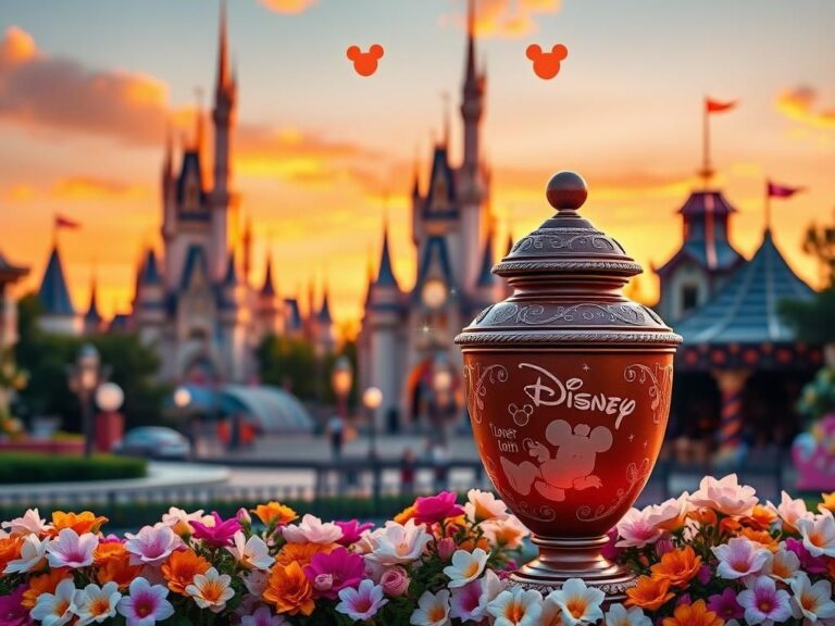 Flick International A whimsical Disney theme park scene featuring Cinderella Castle and a decorative urn among flowers
