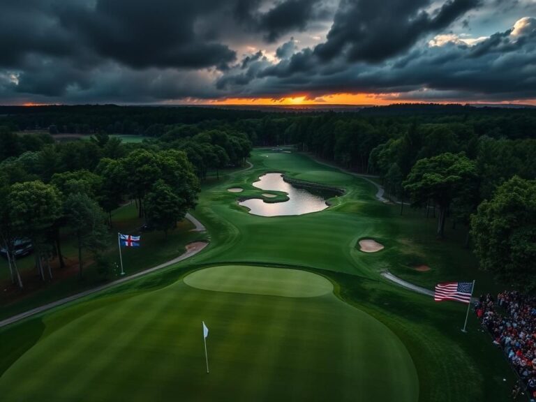 Flick International Aerial view of Bethpage Black golf course showcasing its challenging landscape and moody sky during the Ryder Cup