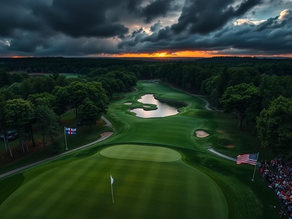 Flick International Aerial view of Bethpage Black golf course showcasing its challenging landscape and moody sky during the Ryder Cup