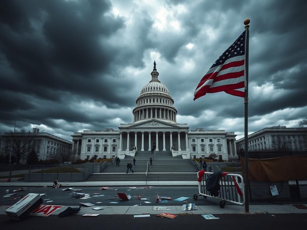 Flick International Dramatic view of the U.S. Capitol building under dark clouds with an American flag