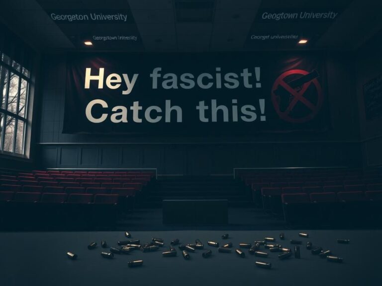 Flick International Dark and moody empty lecture hall at Georgetown University with aggressive banner and bullet casings on the floor
