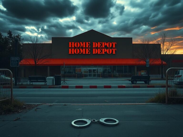 Flick International Dramatic scene showing a closed Home Depot store with empty police barricades and handcuffs on the pavement, symbolizing recent ICE raids.