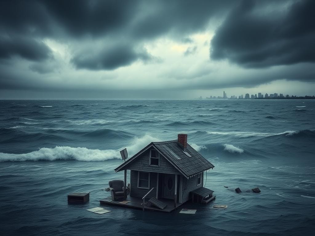 Flick International A dilapidated house partially submerged in floodwaters under dark storm clouds during hurricane season
