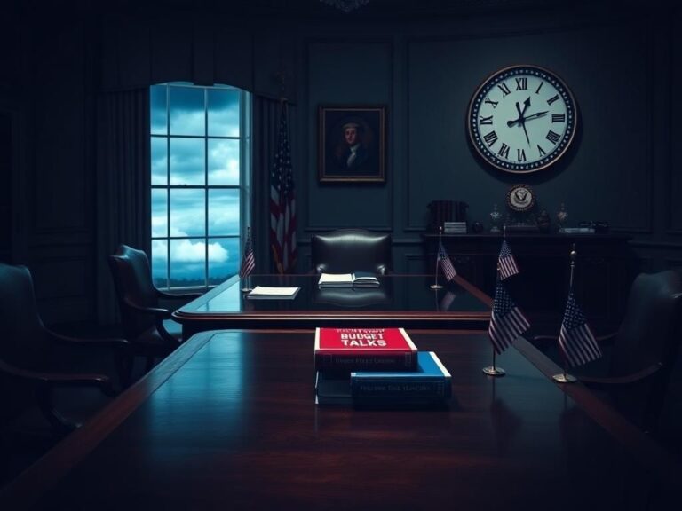 Flick International A tense scene in the Oval Office with empty chairs and a stack of documents regarding budget talks.