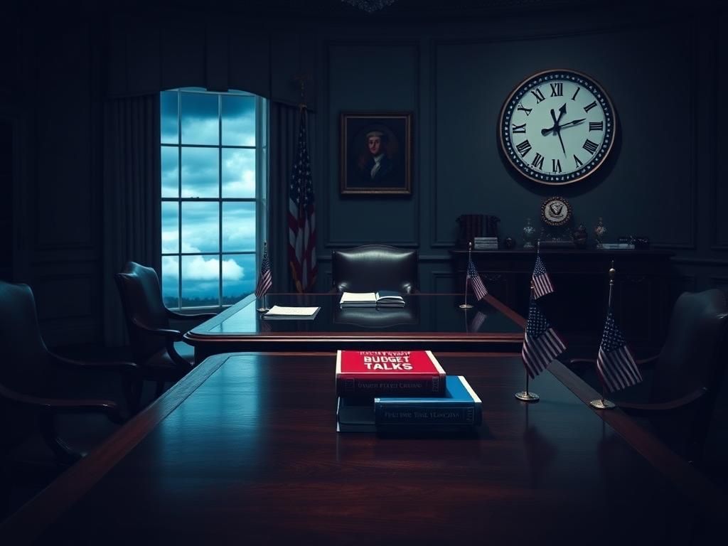 Flick International A tense scene in the Oval Office with empty chairs and a stack of documents regarding budget talks.