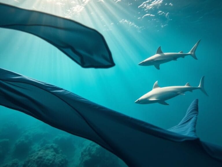 Flick International Close-up of bite-resistant wetsuit materials in a vibrant ocean scene with sharks