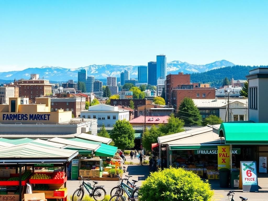 Flick International A vibrant cityscape of Portland, Oregon featuring a farmers' market and skyline