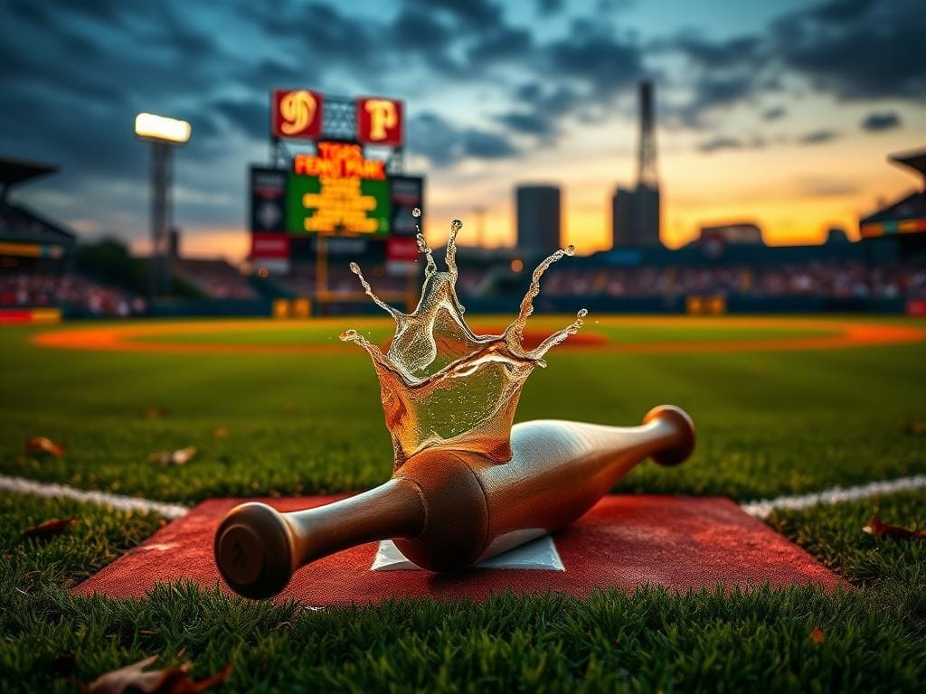 Flick International Vibrant baseball diamond at twilight with champagne and a vintage bat