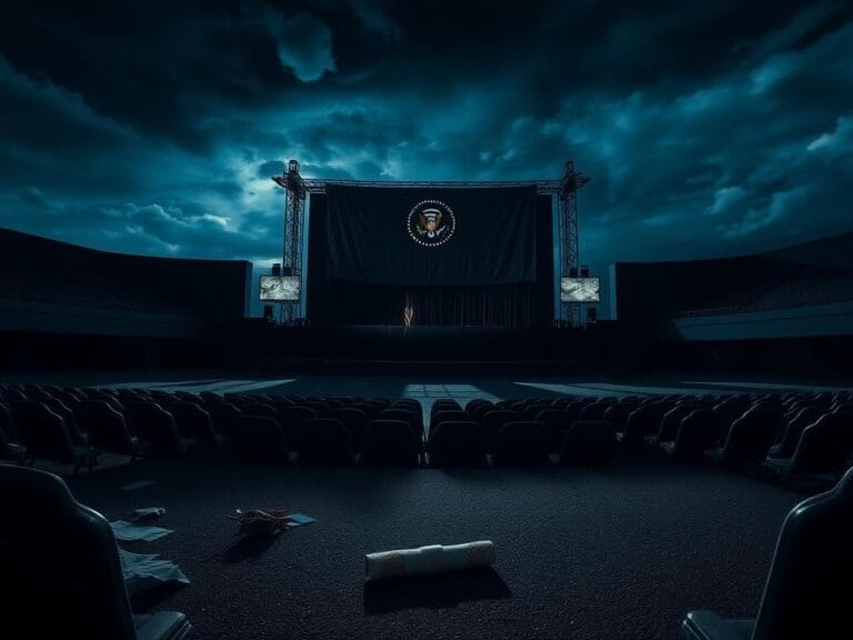 Flick International A dimly-lit political rally stage with empty seats and torn protest signs