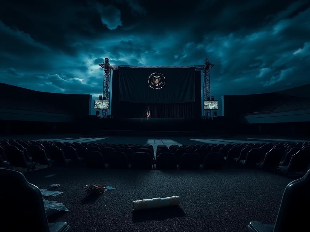 Flick International A dimly-lit political rally stage with empty seats and torn protest signs