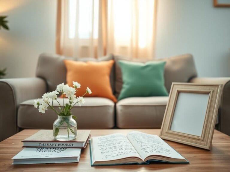 Flick International A serene living room setting with soft light and therapy books