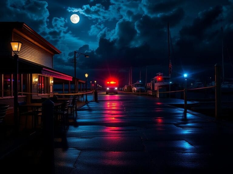 Flick International Night scene of Southport Yacht Basin with empty outdoor tables and police tape
