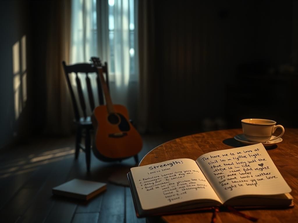 Flick International A somber scene with an unoccupied wooden chair and a vintage guitar, symbolizing Raul Malo's absence due to illness.