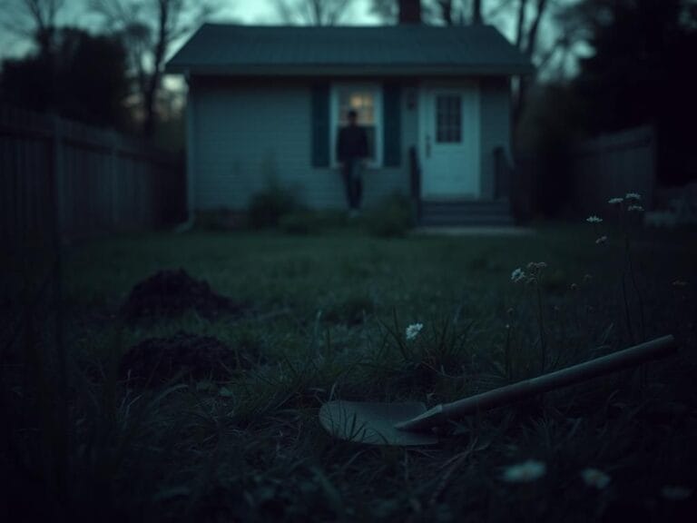 Flick International Dimly lit backyard scene in upstate New York with a subtle mound suggesting something buried beneath