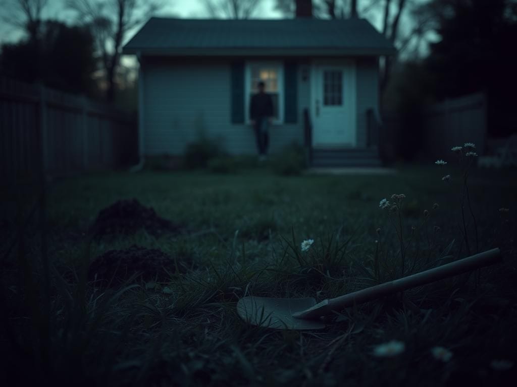 Flick International Dimly lit backyard scene in upstate New York with a subtle mound suggesting something buried beneath