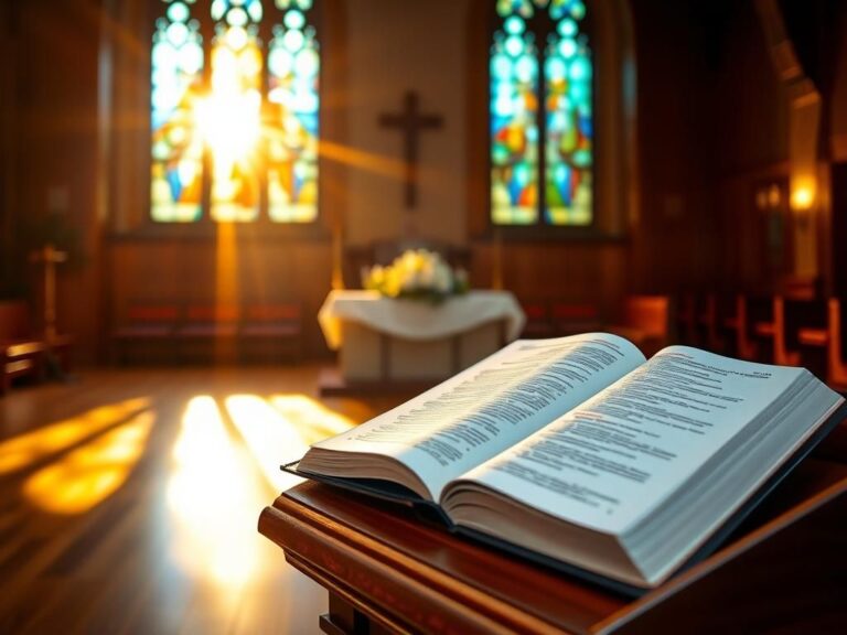 Flick International Serene church interior with an open Bible and colorful stained glass windows