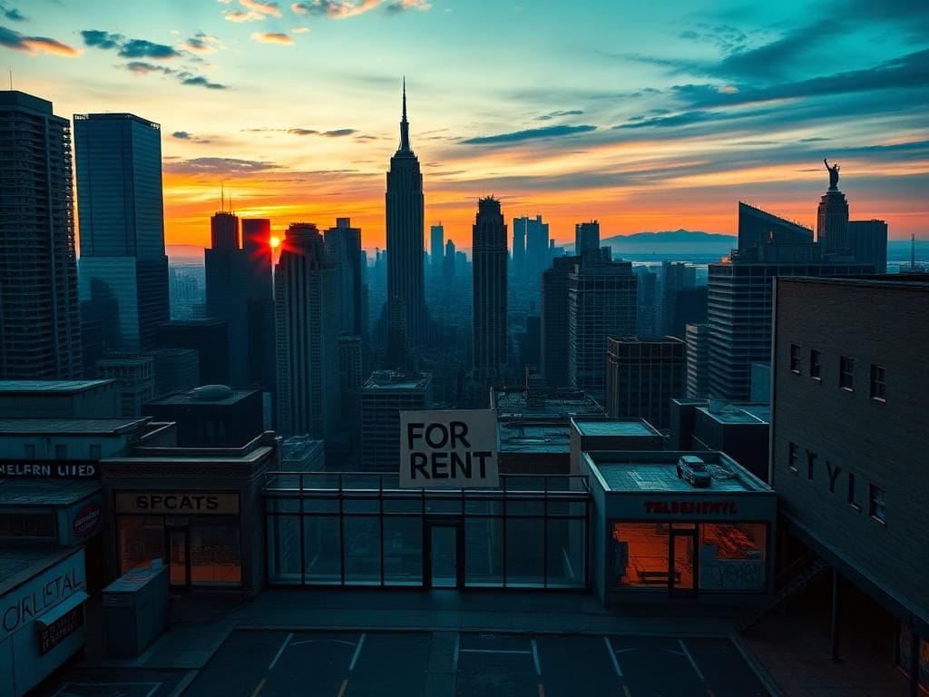 Flick International Aerial view of New York City skyline at sunset with empty office space and 'For Rent' sign