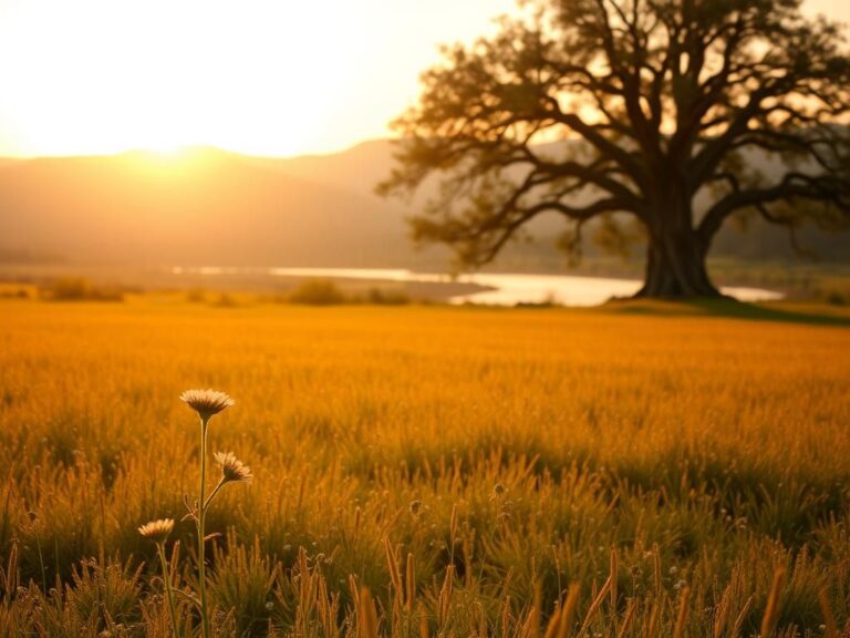 Flick International Serene landscape with an open field and delicate wildflowers at sunrise