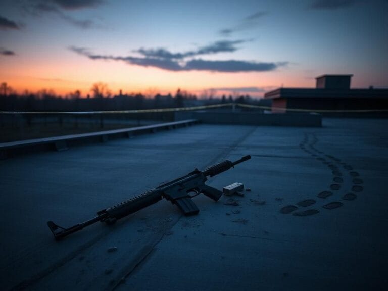 Flick International Empty university rooftop at dusk with a discarded rifle and debris, symbolizing a chaotic crime scene.
