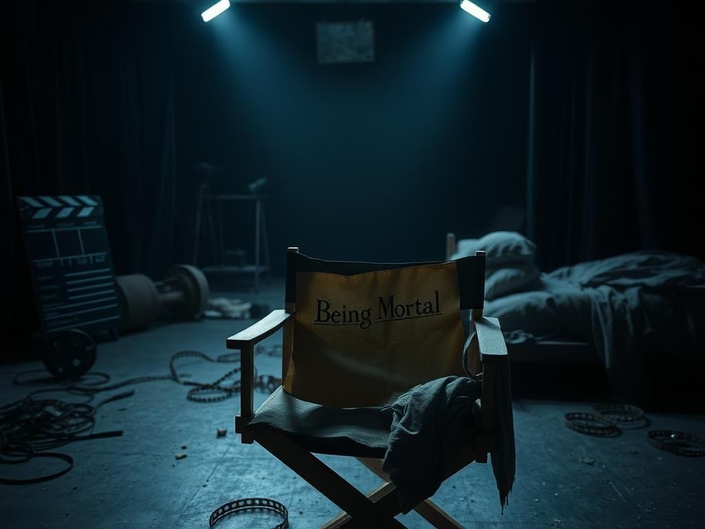 Flick International Somber film set with empty director's chair and faded script of Being Mortal
