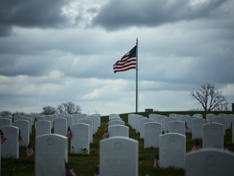 Flick International Empty military memorial under a cloudy sky with gravestones and flags