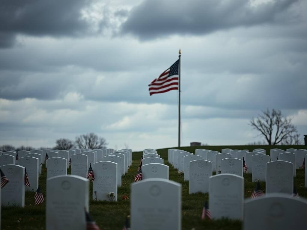Flick International Empty military memorial under a cloudy sky with gravestones and flags