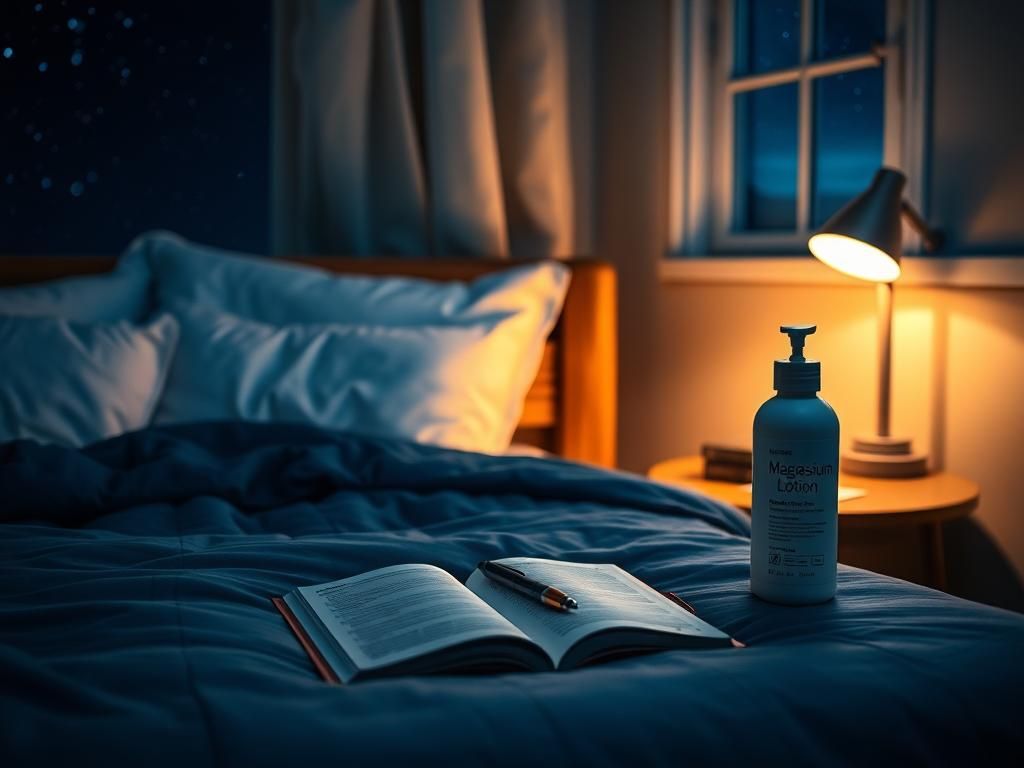 Flick International A serene cozy bedroom with a soft inviting bed and magnesium lotion on the nightstand