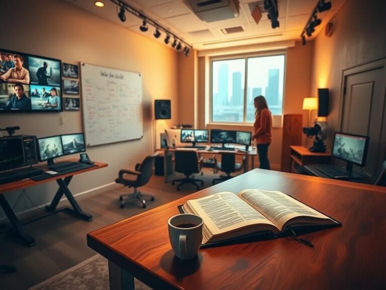 Flick International Serene post-production studio environment showcasing editing stations and a focus on faith-based films.