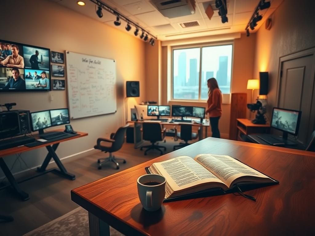 Flick International Serene post-production studio environment showcasing editing stations and a focus on faith-based films.