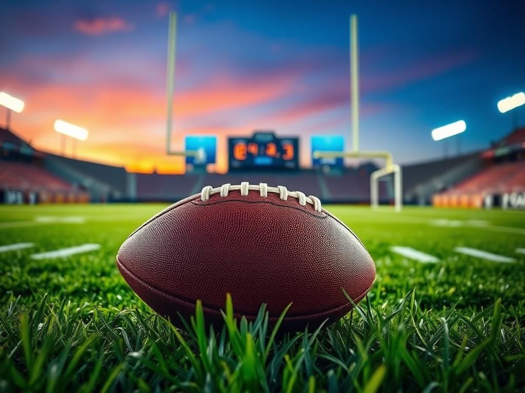 Flick International A vibrant football field with stadium lights and a well-worn football symbolizing quarterback challenges