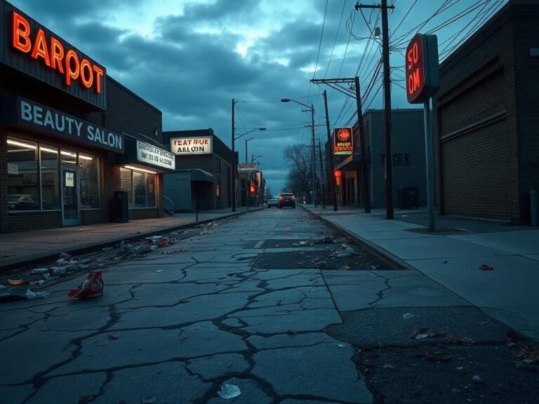 Flick International Gritty urban landscape of a crime-riddled commercial strip in Queens, New York during twilight