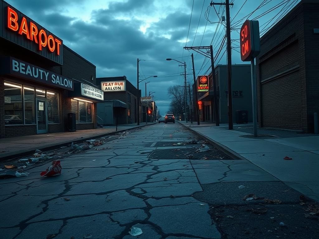 Flick International Gritty urban landscape of a crime-riddled commercial strip in Queens, New York during twilight